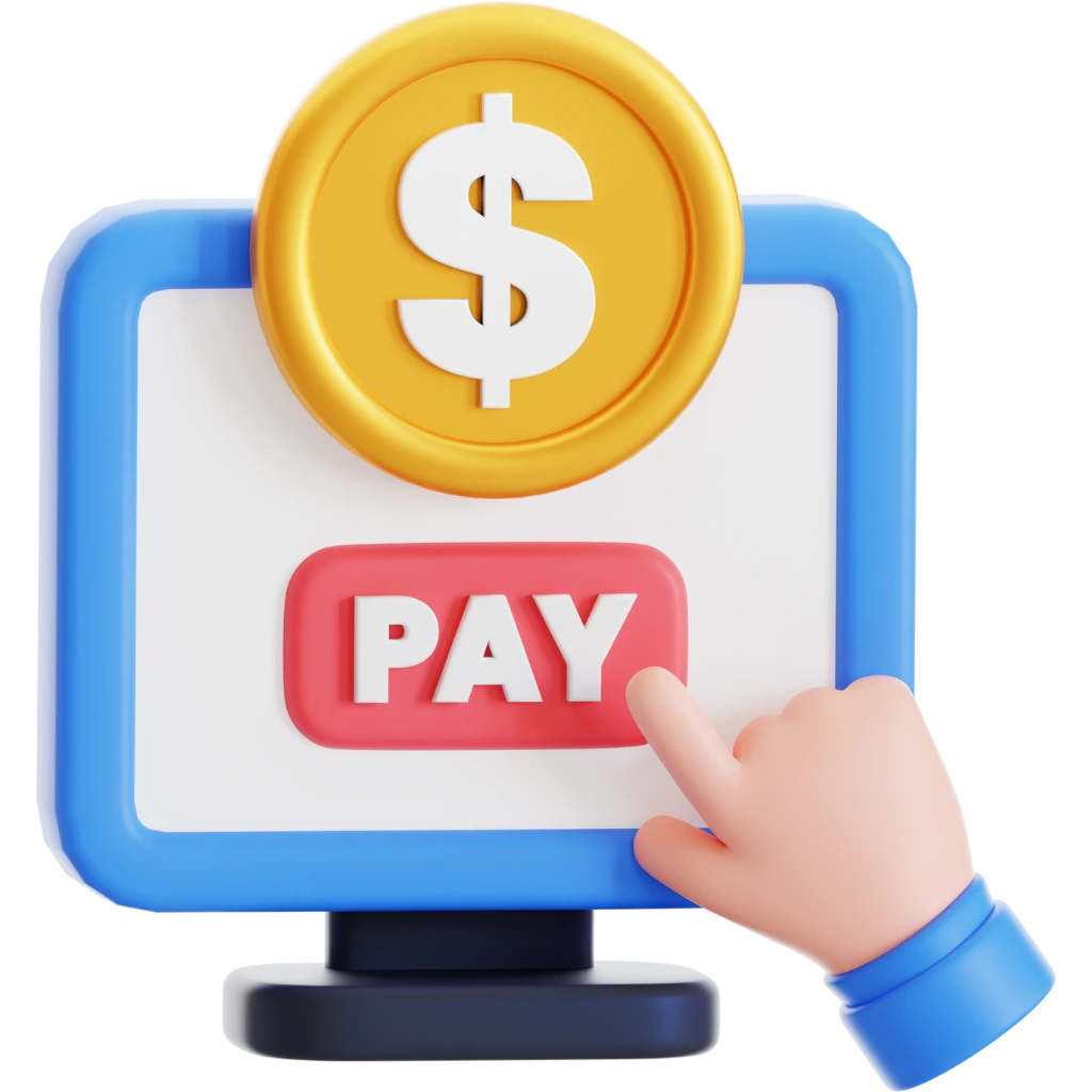 3D icon of a computer screen with a pay button and dollar sign symbolizing Partners88’s competitive and fast affiliate payout system with secure methods.