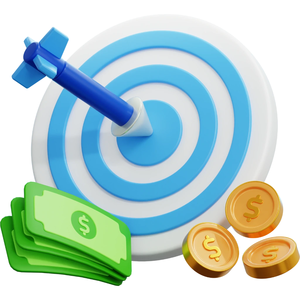 3D icon of a target with money and coins representing Partners88’s flexible commission plans offering up to 50% revenue share and hybrid CPA + RS options.