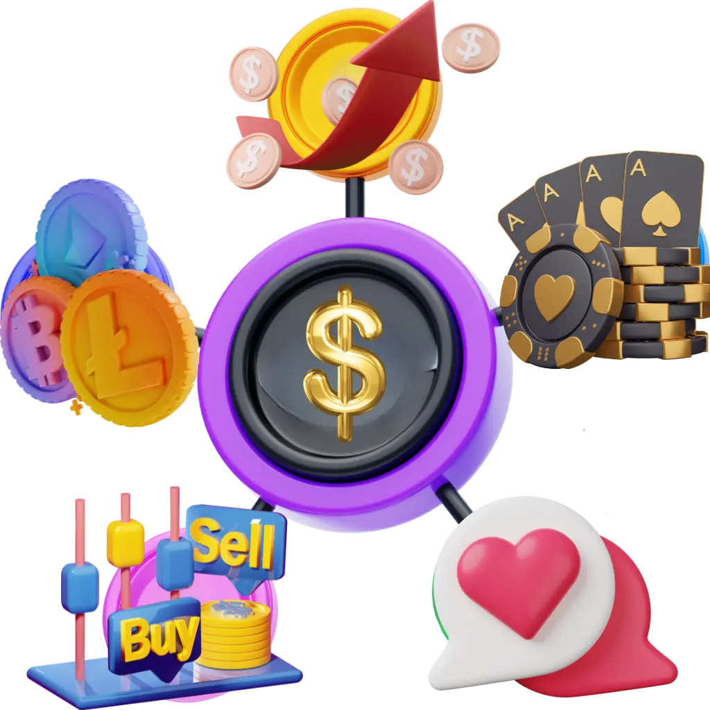 3D icon showing multiple coins and symbols representing Partners88’s multi-vertical reach across dating, gambling, crypto, and forex affiliate niches.
