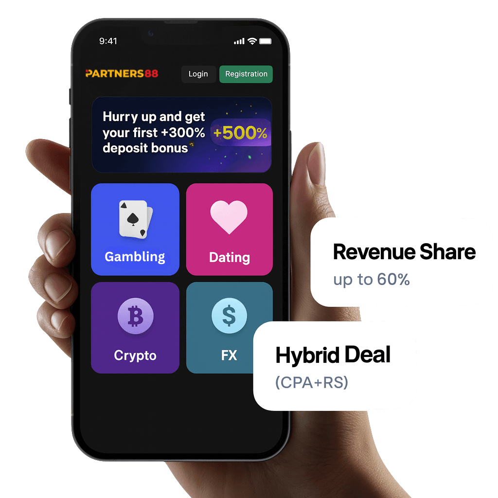 Promotional image for the Partners88 Multi-Business Affiliate Platform showing a smartphone with categories like Gambling, Dating, Crypto, and FX, highlighting “Revenue Share up to 50%” and “Hybrid Deal (CPA + RS)” – join to earn high commissions and passive income online.