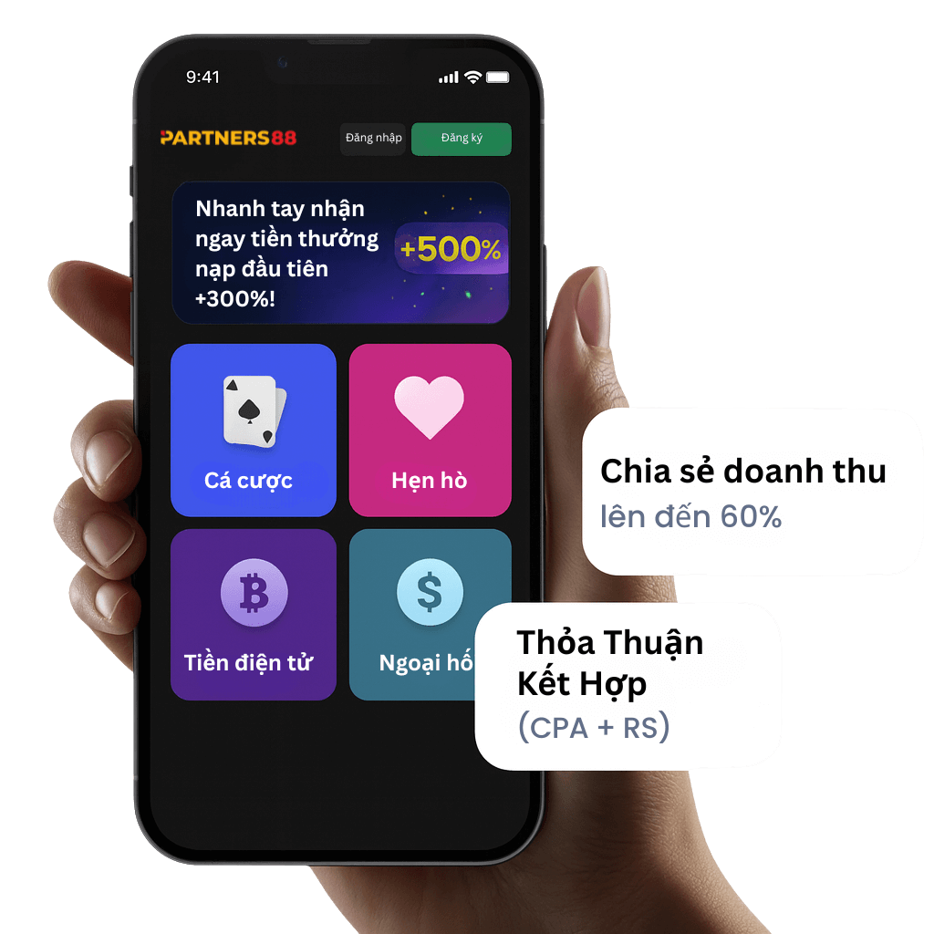 Promotional image for the Partners88 Multi-Business Affiliate Platform showing a smartphone with categories like Gambling, Dating, Crypto, and FX, highlighting “Revenue Share up to 50%” and “Hybrid Deal (CPA + RS)” – join to earn high commissions and passive income online.
