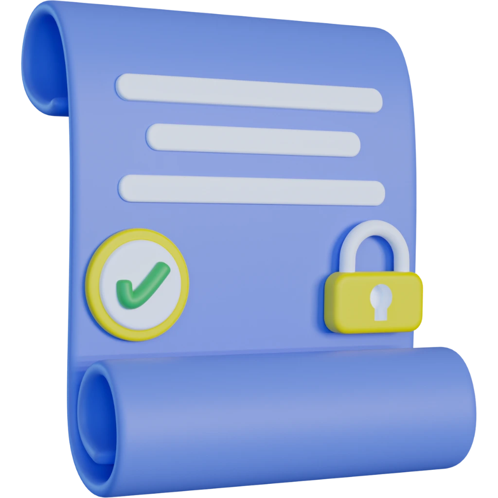 3D icon of a scroll with a lock and checkmark symbolizing Partners88’s trusted and secure brand reputation as a licensed affiliate network.