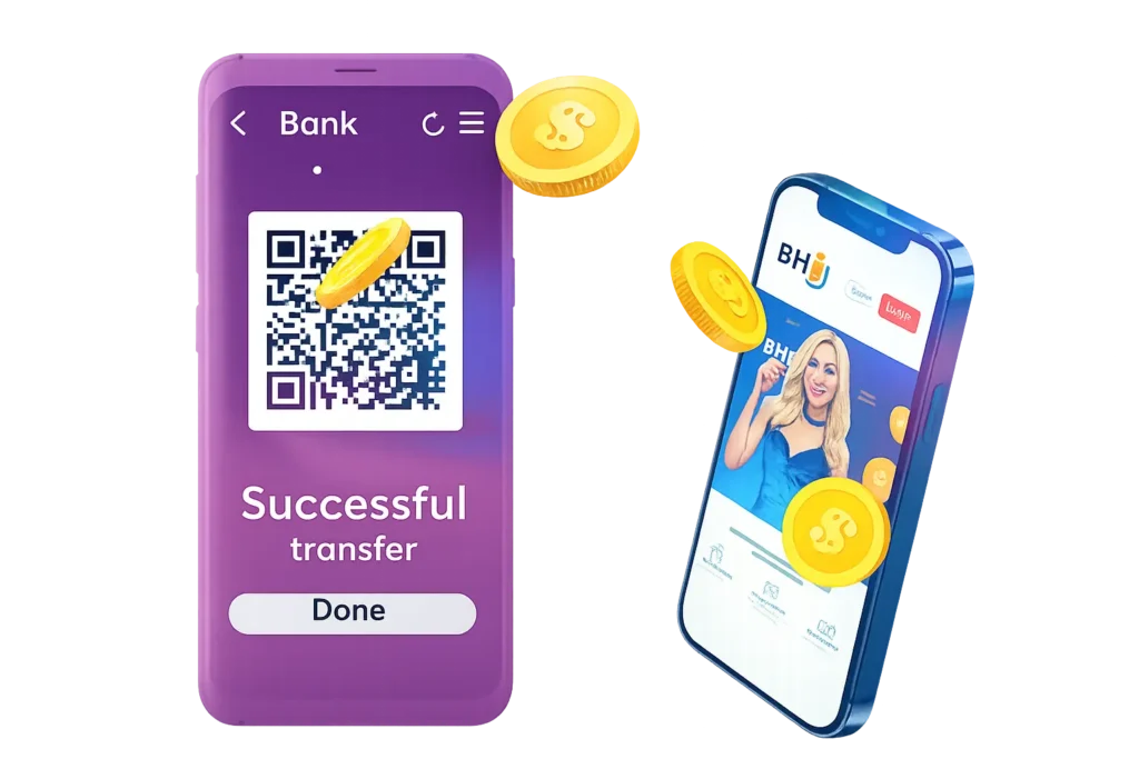 Illustration of mobile phones showing successful money transfer with gold coins, representing Partners88’s fast and secure affiliate commission payouts.